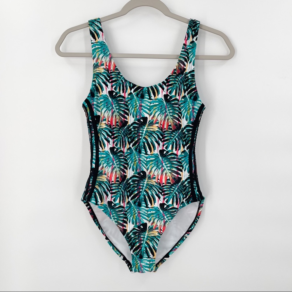 adidas Tropical Leaf Print One Piece Swimsuit - Green and Pink